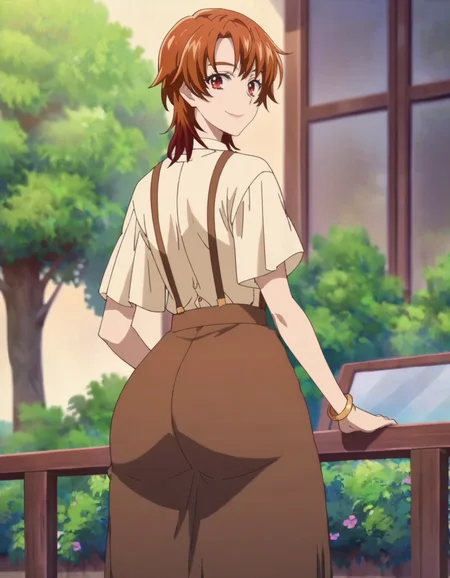 score_9, score_8_up, score_7_up, anime screencap, solo,1girl,natsukirin, 1girl, solo, skirt, suspenders, smile, looking at viewer, jewelry, shirt, long skirt, short sleeves, bracelet, brown skirt,cowboy shot,medium breastsfrom behind,bent,huge ass<lora:natsukirin:0.8>,