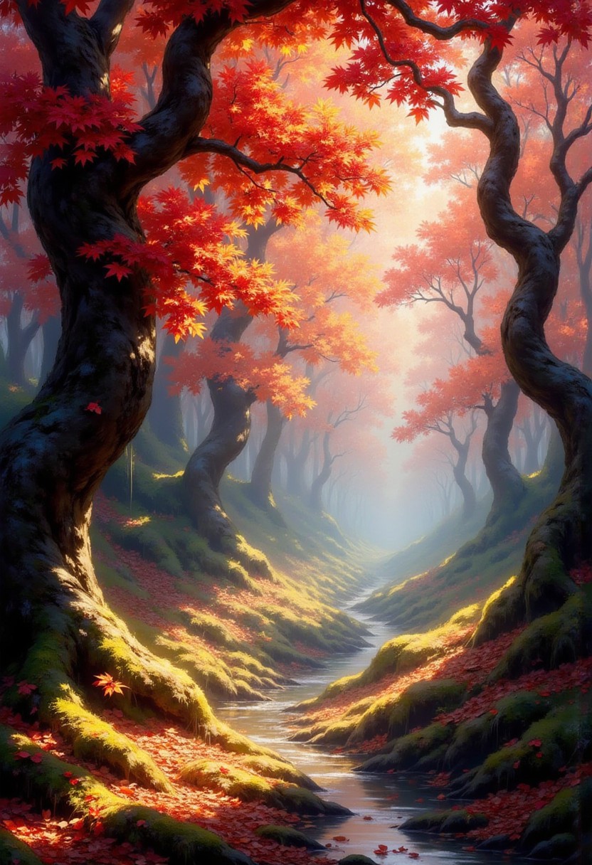 A serene forest scene during autumn, with vibrant red, orange, and yellow leaves on the trees. A light fog hovers above the forest floor, creating a soft, mystical atmosphere. Sunlight filters through the trees, casting dappled shadows onto the leaf-covered ground. The air feels crisp, and a narrow stream winds through the woods, its surface barely disturbed by the gentle breeze.