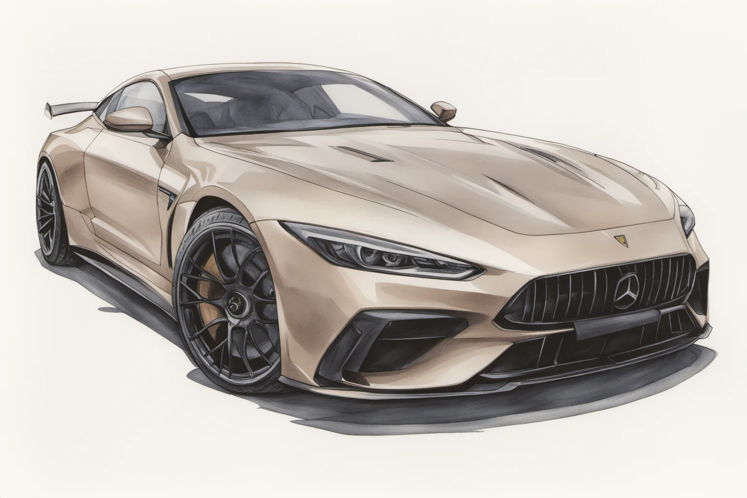 colored marker rendering of a sports car, concept art, sporty, fast, high performance, ((symmetric-design)), crisp lines, sketch, illustration, illustrative, marker drawing, expressive strokes, graphic, sharp, crisp, in-focus, uncropped, high-quality <lora:MercedesAGTGTCoupe:1>