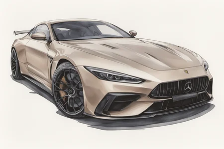 colored marker rendering of a sports car, concept art, sporty, fast, high performance, ((symmetric-design)), crisp lines, sketch, illustration, illustrative, marker drawing, expressive strokes, graphic, sharp, crisp, in-focus, uncropped, high-quality <lora:MercedesAGTGTCoupe:1>