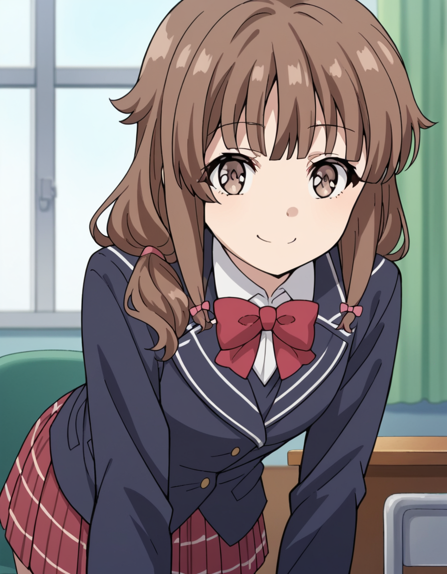 score_9, score_8_up, score_7_up, source_anime, <lora:kaede-azusagawa-s1-ponyxl-lora-nochekaiser:1>, kaede azusagawa, long hair, bangs, brown hair, brown eyes,, skirt, shirt, long sleeves, bow, school uniform, jacket, white shirt, pleated skirt, collared shirt, bowtie, red bow, black jacket, plaid, red skirt, plaid skirt, blazer, red bowtie,, indoors, bent over, smile, smug, looking at viewer, solo,, smile, looking at viewer, solo,, cowboy shot, dutch angle