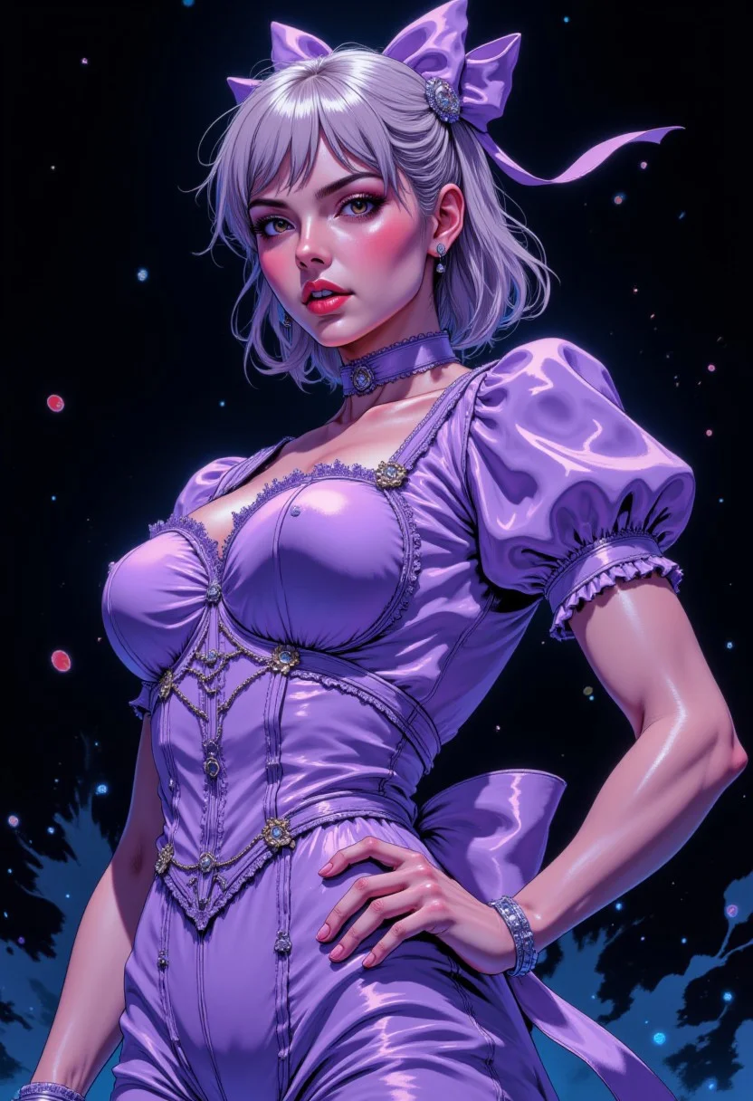 DGC style digital illustration, Magic style,
Close-up. Cinematic close-up, beautiful female supermodel, (very muscular:1.2), Hirohiko Araki style, Jojo's Bizarre Adventure anime, tall, well-built, Jojo-style pose, (bright clothes), dynamic background, Bright and contrasting colors, side view,
A pastel lavender dress with a fitted square-neck bodice, decorated with small satin bows and lace trim. The sleeves are short and puffy, creating a cute and youthful look. The dress has a voluminous skirt supported by a crinoline, with layers of frills and lace that fall to the floor. The fabric shimmers with a subtle sheen, adding an air of luxury. A large silk bow adorns the back, and a matching satin ribbon around the neck completes this charming, sophisticated ensemble
Stylish, imposing in a confident, dominant pose, hand on hip, exuding confidence and strength. A menacing smirk on her face, with sharp eyes looking straight at the viewer. The overall look combines high fashion with dramatic style, against a dark, ominous background that highlights her dark charisma. , intense lighting that captures a sense of power and mystery.