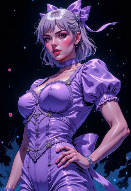DGC style digital illustration, Magic style,
Close-up. Cinematic close-up, beautiful female supermodel, (very muscular:1.2), Hirohiko Araki style, Jojo's Bizarre Adventure anime, tall, well-built, Jojo-style pose, (bright clothes), dynamic background, Bright and contrasting colors, side view,
A pastel lavender dress with a fitted square-neck bodice, decorated with small satin bows and lace trim. The sleeves are short and puffy, creating a cute and youthful look. The dress has a voluminous skirt supported by a crinoline, with layers of frills and lace that fall to the floor. The fabric shimmers with a subtle sheen, adding an air of luxury. A large silk bow adorns the back, and a matching satin ribbon around the neck completes this charming, sophisticated ensemble
Stylish, imposing in a confident, dominant pose, hand on hip, exuding confidence and strength. A menacing smirk on her face, with sharp eyes looking straight at the viewer. The overall look combines high fashion with dramatic style, against a dark, ominous background that highlights her dark charisma. , intense lighting that captures a sense of power and mystery.