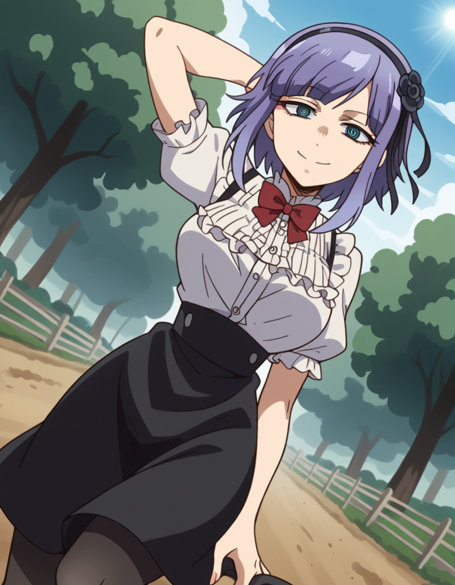 score_9, score_8_up, score_7_up, source_anime, <lora:hotaru-shidare-s2-ponyxl-lora-nochekaiser:1>, hotaru shidare, short hair, blue eyes, hair ornament, purple hair, flower, hairband, hair flower, ringed eyes, large breasts,, skirt, pantyhose, high heels, black pantyhose, high-waist skirt, shirt, frilled shirt, bowtie, red bowtie, puffy sleeves, short sleeves,, bike ride, countryside, dirt road, trees, afternoon sun, peaceful, alone, smile, looking at viewer, hand behind head, solo,, cowboy shot, dutch angle
