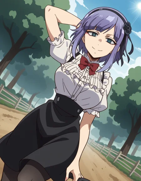 score_9, score_8_up, score_7_up, source_anime, <lora:hotaru-shidare-s2-ponyxl-lora-nochekaiser:1>, hotaru shidare, short hair, blue eyes, hair ornament, purple hair, flower, hairband, hair flower, ringed eyes, large breasts,, skirt, pantyhose, high heels, black pantyhose, high-waist skirt, shirt, frilled shirt, bowtie, red bowtie, puffy sleeves, short sleeves,, bike ride, countryside, dirt road, trees, afternoon sun, peaceful, alone, smile, looking at viewer, hand behind head, solo,, cowboy shot, dutch angle