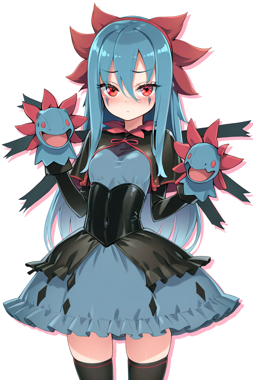 masterpiece, best quality, 1girl, solo, eyelashes, (beautiful eyes),    ,<lora:HomuraSubaruIXL_v1:1.0>,   10s, 1girl, black socks, blue hair, blush, facial mark, female focus, cowboy shot, gen 5 pokemon, gothicl, hand puppet, hydreigon, kneehighs, zzLFashion, frilled dress, frills, bow, dress, long hair, moemon, nintendo, personification, pokemon, pokemon bw, puppet, red eyes, sazandora, simple background, socks, solo, thighhighs, white background, zettai ryouiki   <lora:LFashionIXL_v2:0.8>,