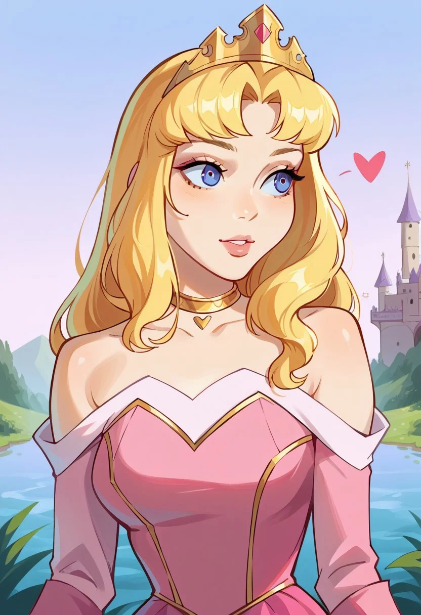 score_9, score_8_up, score_7_up, score_6_up, 1girl, curvy, <lora:1ly4XLP:1> 1ly4, pink background, ((face focus:0.9)), ((upper body focus:0.9)), ((full body:0.9)), gold neck ring heart choker, pale shiny skin, blonde hair, purple sky, lake, climbing plant, vegetation, medieval castle, parted bangs, bare shoulders, AuroraXLP, skirt lift, single bare leg, pink dress, princess, gold tiara, gold necklace, <lora:AuroraXLP_character:0.9>