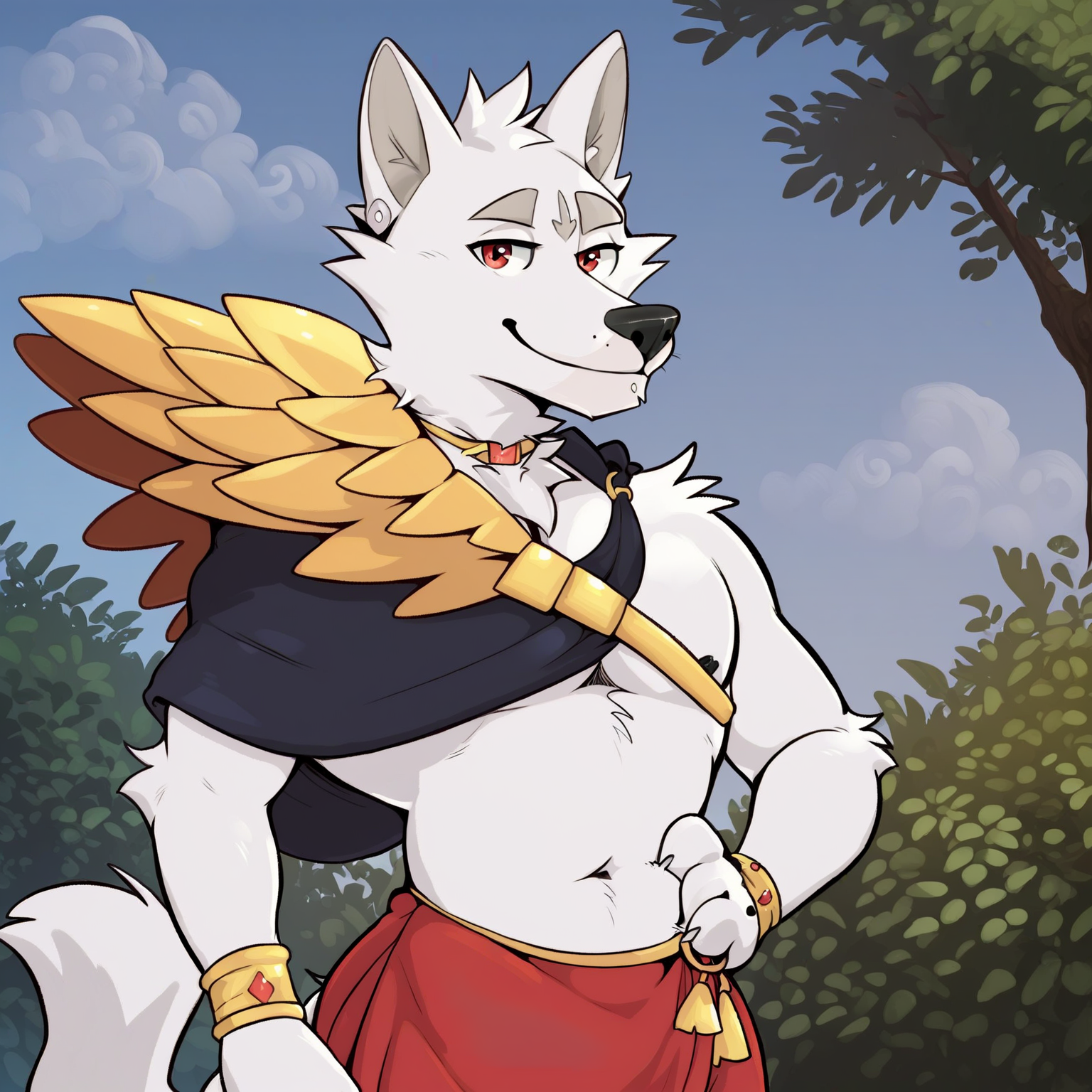 score_7_up, score_8_up, score_9,  source_furry, detailed eyes, detailed background, <lora:CassiusPony:1>, cassius, smile, Cassius, navel, jewelry, shoulder armor, capelet, red shorts
