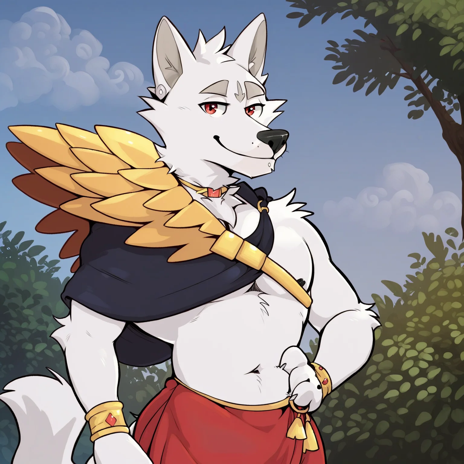 score_7_up, score_8_up, score_9, source_furry, detailed eyes, detailed background, <lora:CassiusPony:1>, cassius, smile, Cassius, navel, jewelry, shoulder armor, capelet, red shorts