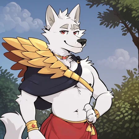 score_7_up, score_8_up, score_9, source_furry, detailed eyes, detailed background, <lora:CassiusPony:1>, cassius, smile, Cassius, navel, jewelry, shoulder armor, capelet, red shorts