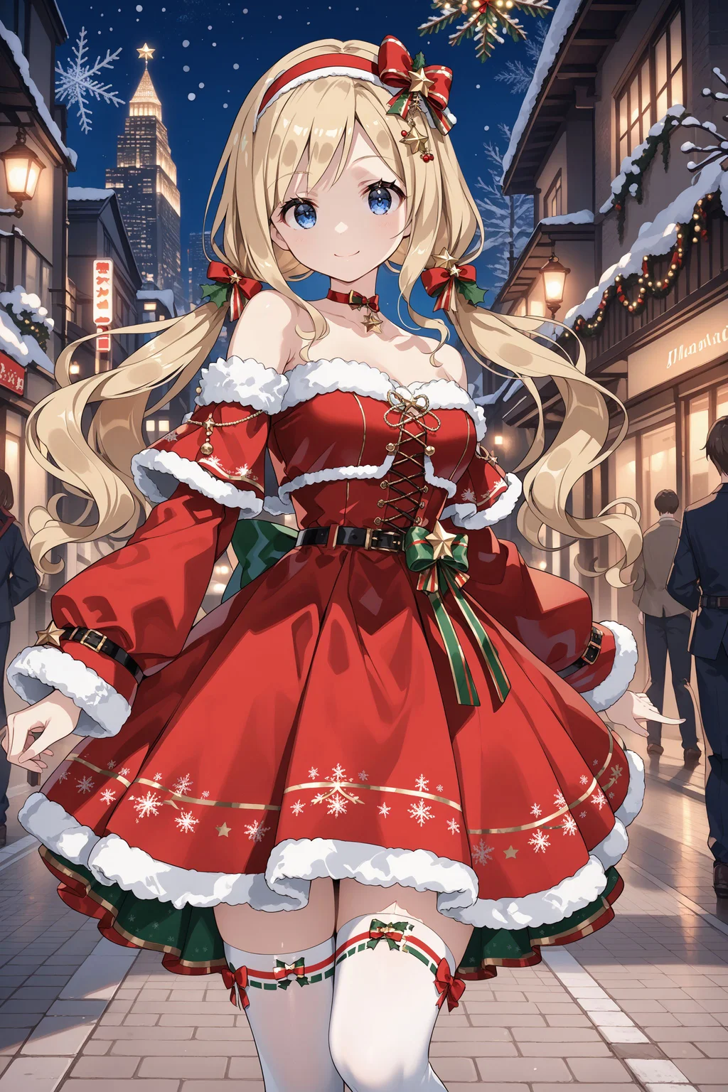 score_max, (score_9, score_8_up, score_7_up:1.2), score_6_up, official art, source_anime,
, masterpiece, absurdres, high detail, 8k,
city, street, christmas ornament,
standing, light smile,
kamotti, santa costume, red hairband. hair ornament, low twintails, hair bow, red bow, choker, star \(symbol\), jewelry, red dress, fur trim, frills, strapless, bare shoulders, detached sleeves, long sleeves, white thighhighs
<lora:XL_Pony_gomaotsu-chamomile-t1:1.0>