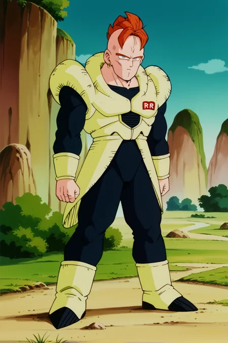 score_9,score_8_up,score_7_up, score_6_up, BREAK retro artstyle, android 16,1boy,solo,full body,mount paozu, blue sky, cloud, grass,thin mountain, cliff, bush,outdoors, orange hair,mohawk, light blue eyes, lime green armor, lime green arm guards,black bodysuit, expressionless,looking at viewer, closed mouth,red badge, rr,yellow earrings, lime green boots,fighting stance, legs apart, (from side:0.7), <lora:MountPaozuPony:1> <lora:Android16Pony:1.1>
