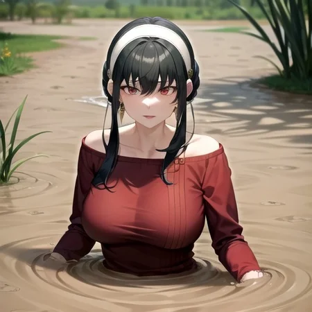 1girl, solo, huge breasts, bbyorf, short hair with long locks, white hairband, red eyes, gold earrings, large breasts, jewelry, off shoulder, red sweater, sweater dress, long sleeves, black pantyhose, partially submerged, in quicksand, flooding up to the chest, upper body, horny,