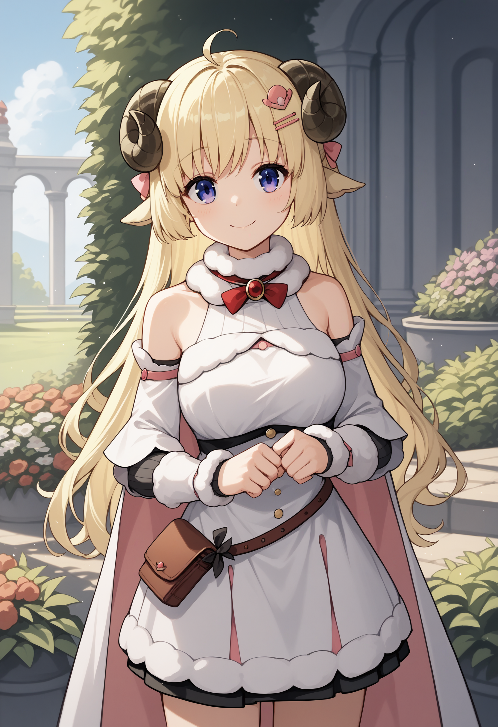 score_9, score_8_up, score_7_up, source_anime, tsdef, blue eyes, purple eyes, horns, sheep horns, sheep ears, ahoge, bangs, blonde hair, long hair, hairclip, hair ornament, bow, brooch, bare shoulders, dress, white sleeves, fur-trimmed sleeves, ribbed sleeves, pouch, cape, pink cape, fur-trimmed cape, smile, breasts, looking at viewer, outdoors, garden<lora:TsunomakiWatameXL:1>