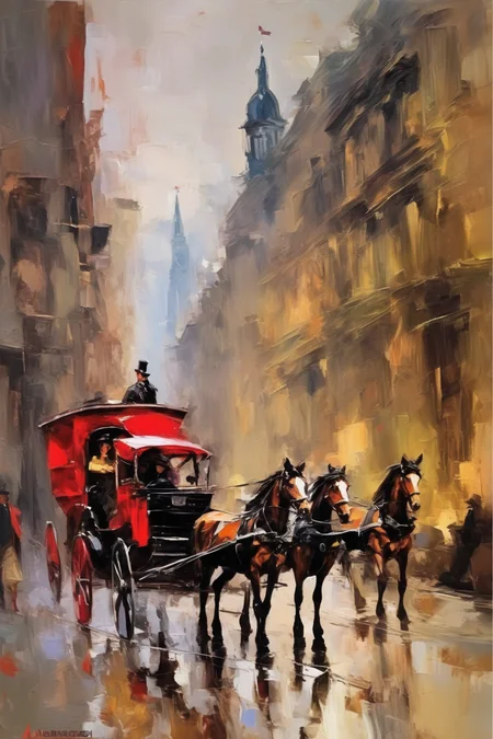 <lora:Andrew Atroshenko Style:1>Andrew Atroshenko Style - a street in a city with horse and carriages