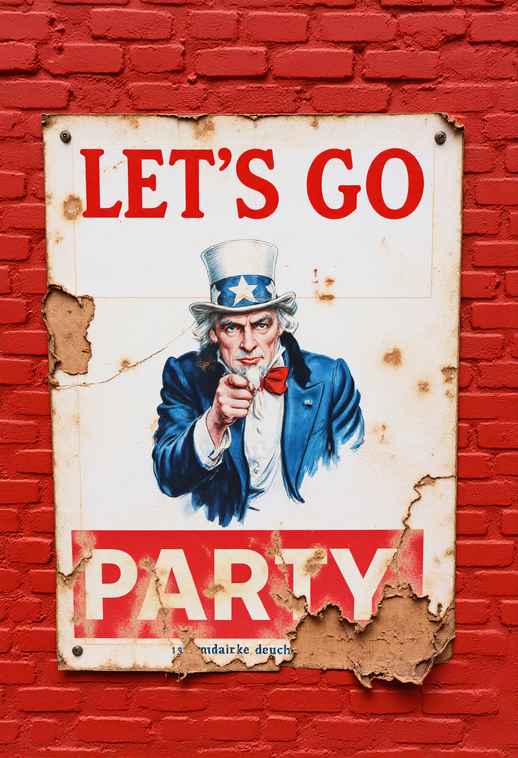 A vintage sign "LET'S GO PARTY" featuring an illustration of a Uncle Sam, it looks dilapidated and screwed to a red brick wall. <lora:vintage-sign-000006:1>,  <lora:james-montgomery-flagg-flux1-dev-v1:0.5>
