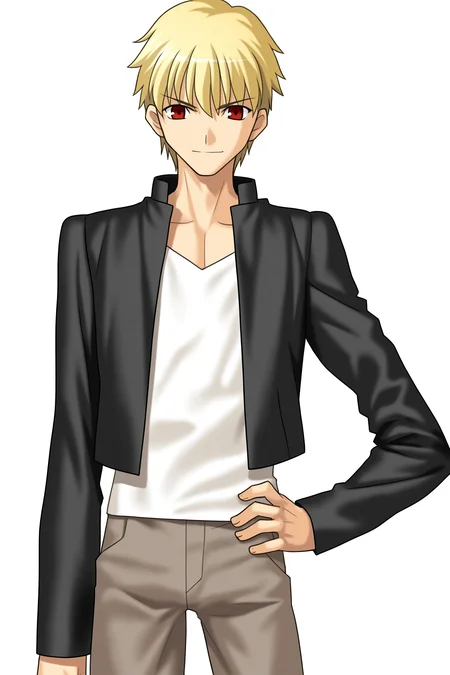 fatesnha, oekaki, solo, looking at viewer, short hair, shirt, blonde hair, long sleeves, 1boy, red eyes, jacket, male focus, open clothes, pants, official alternate costume, black jacket, hand on own hip, transparent background, casual, gilgamesh \(fate\), 
(masterpiece, best quality, absurdres, highres, newest, very awa:1.2), 