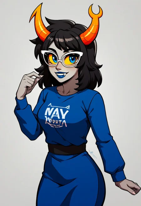 score_9, score_8_up, 
BREAK,
1girl, aranea, cute, grey skin, black hair, medium hair, yellow sclera, horns, symbol on shirt, blue lips, fangs, cowboy shot, blue dress, long sleeves, blue eyes, glasses, looking at viewer, scorpio (/symbol/)