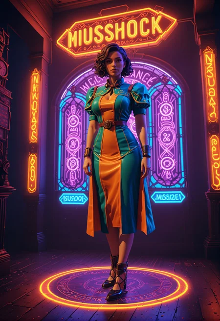 (3d scene of nxzskzt, neon, 3d, octane render, neon lighting, neon theme), Vibrant Academia aesthetic, a stunning Nevisian woman BioShock style, bright colors, stunning background. warm and bright sunlight, a mesmerizing blend of light and shadow. masterpiece, absurdres, intricate details <lora:Midjourney_Isometric:0.8>