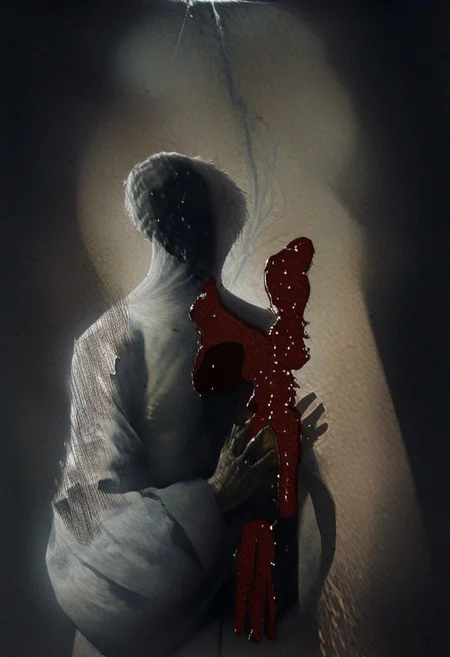painting of an older man and his adult male lover, spark ignites, tortured souls, peacefulness, revelation, surreal dark smeared background, black and gold mutations tears in fabric , separation of colors, in the style of nicola samori <lora:DarkAnime1:1> <lora:HorrorArt(1):1.2>, glow effects, godrays, Hand drawn, render, 8k, octane render, cinema 4d, blender, dark, atmospheric 4k ultra detailed, cinematic sensual, Sharp focus, humorous illustration, big depth of field, Masterpiece, colors, 3d octane render, 4k, concept art, trending on artstation, hyperrealistic, Vivid colors, extremely detailed CG unity 8k wallpaper, trending on ArtStation, trending on CGSociety, Intricate, High Detail, dramatic, absurdes, a realistic baroque bedroom, white canopy over bed, white drapes, damask patterns, intricate details, in the style of Vittorio Matteo Corcos