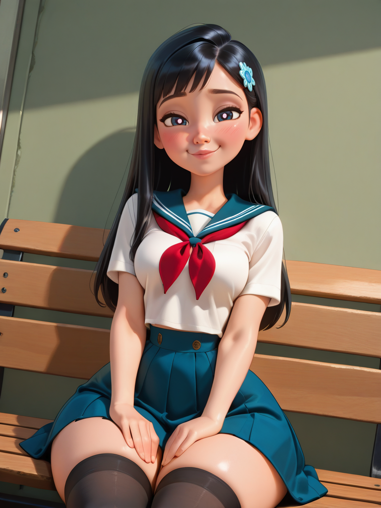 DisneyStudioXL, cinematic,
girl sitting in a bench, hands on thighs, long black hair, school uniform, skirt, black thighhighs, cute hair ornament, bright pupils, blush, medium breasts, narrow waist, wide hips, thick thighs, looking at viewer, cowboy shot, dynamic pose, cute, wide shot, solo, sexually suggestive, naughty face, blush, dutch angle, 
 <lora:DisneyStudios_style-12IL:1>