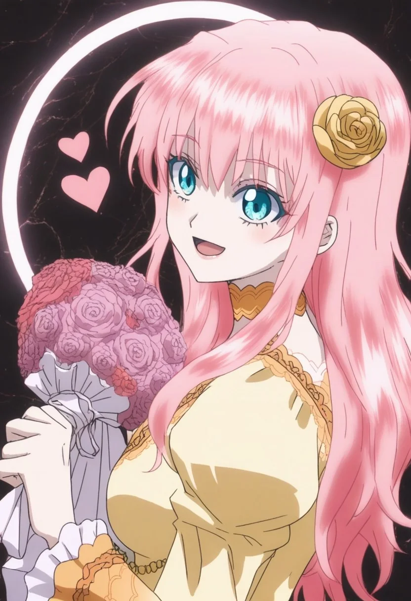 <lora:RisheIrmgardWeitzner-XL-v1:0.7>(risheirmgardweitzner,pink_hair,aqua_eyes,:1.0), (yellow_formal_dress,yellow_lace_choker,rose,hair_ornaments,:1.0),
grinning, happy, she holds a bouquet of pink roses, side view, vibrant pink hearts background