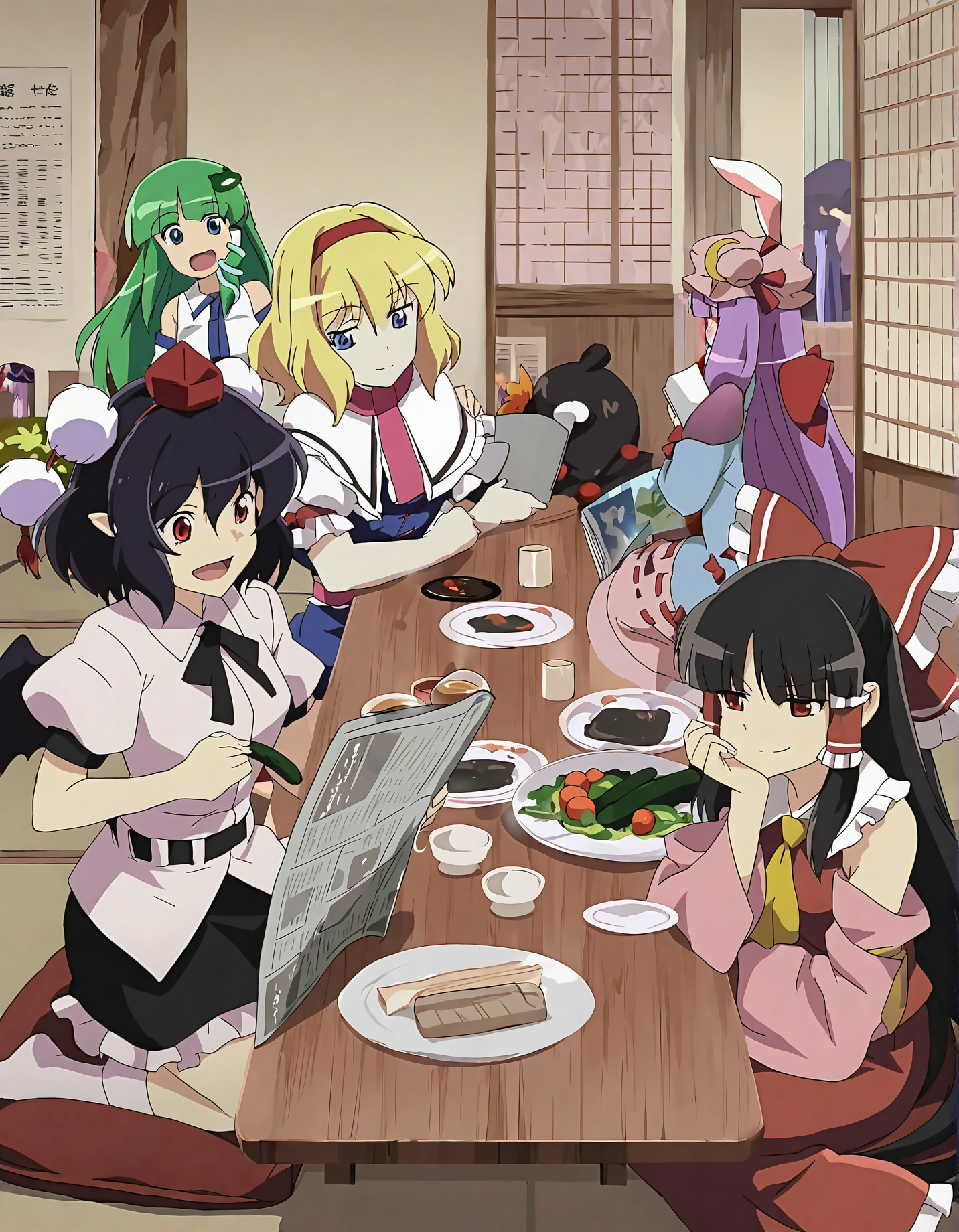 memoriesofphantasm, remilia scarlet, kawashiro nitori, multiple girls, patchouli knowledge, hakurei reimu, 6+girls, cup, blonde hair, hat, kochiya sanae, kirisame marisa, alice margatroid, blue hair, detached sleeves, table, purple hair, black hair, long hair, hair ornament, wings, green hair, bow, hair bow, plate, food, yasaka kanako, two side up, tray, hair bobbles, sitting, bat wings, red eyes, short hair, mob cap, newspaper, braid, hairband, yellow eyes, ribbon, crescent, hair tubes, blue eyes, dress, smile, purple eyes, shameimaru aya, sensitive, inaba tewi, alcohol, long sleeves, general, skirt, capelet, moriya suwako, puffy sleeves, frog hair ornament, rabbit ears, ascot, short sleeves, open mouth, hair ribbon, cucumber, reisen udongein inaba, puffy short sleeves, head rest, wide sleeves, red bow, shirt, houraisan kaguya, pink dress, hat ribbon, frills, izayoi sakuya, animal ears, holding, reading, teacup
very awa, masterpiece, best quality, year 2024, newest, highres, absurdres, <lora:memories-of-phantasm-style-noobai-vpred10:1>