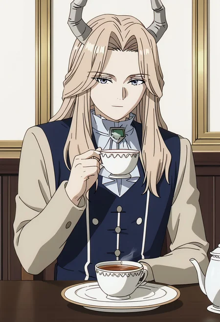 Friestyle, Lugner, sitting at small table, solo, cowboy shot, tea