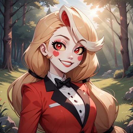 score_9, score_8, BREAK, solo, charlie from hazbin hotel, red eyes with yellow sclera, bleach white skin, rosey cheeks, golden hair, slender body, red business suit, sexy pose, self portrait, smile, outdoors, sunlight, shadows, evening lighting, natural lighting, forest, trees, grass, orange sky, sunset