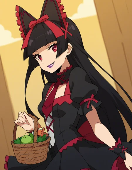 score_9, score_8_up, score_7_up, source_anime, <lora:rory-mercury-s1s2-ponyxl-lora-nochekaiser:1>, rory mercury, long hair, black hair, red eyes, bangs, blunt bangs, hime cut,, thighhighs, bow, ribbon, hair ribbon, garter straps, dress, black dress, puffy sleeves, frills, detached sleeves, necktie, red necktie, lipstick, purple lipstick,, farmers market, fresh produce, local vendors, baskets, sunny day, community, smile, looking at viewer, from side, solo,, cowboy shot, dutch angle