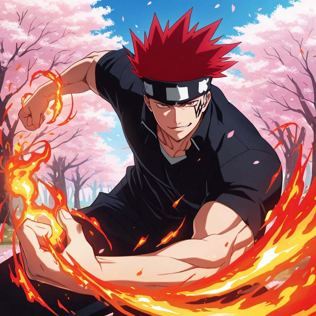 masterpiece, best quality, amazing quality, absurdres, newest, detailed background, definition so sharp, Ultra-HD, 8K cinematic, very awa, impressionate, amazing quality, highres, 
solo, male focus, manly, 
1boy, d0tb_red hair, d0tb_brown eyes, d0tb, spiked hair, facial tattoo, headband, pyrokinesis, fire magic,
dynamic pose, mid-action, playful smirk, wind blowing hair, cherry blossoms, daytime, cool colors, energetic, agile, hot-blooded, cheeky