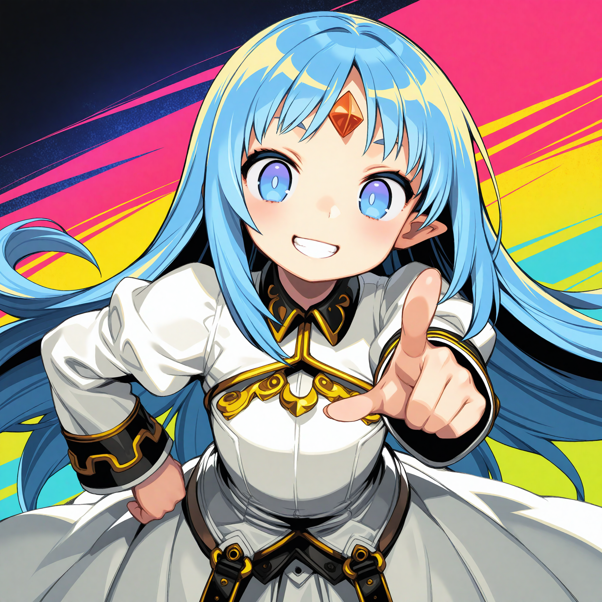 <lora:dohna_art_1_nai_Loha:1>,dohna art,
<lora:Reset_1_nai:1>,Reset,blue eyes,blue hair,long sleeves,white dress,forehead jewel,red gemstone,red forehead jewel,
BREAK
1girl,solo,hand on own hip,pointing at viewer,smile,grin,front view,leaning forward,straight-on,multicolored background,
