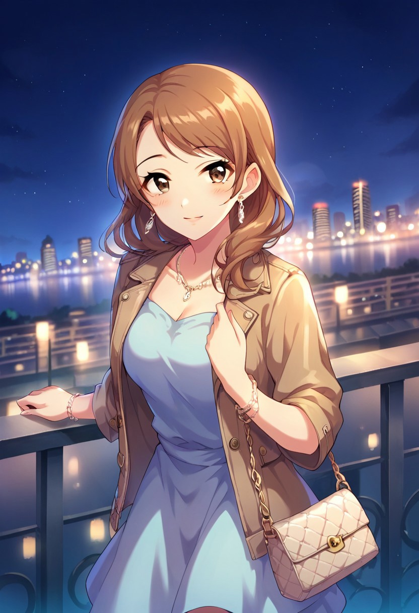 score_9, score_8_up, score_7_up, source_anime,hojo karen, 1girl, solo, long hair, looking at viewer, blush, smile, brown hair, dress, brown eyes, jewelry, jacket, earrings, sky, necklace, bag, bracelet, night, night sky, handbag, jacket on shoulders, cityscape, city lights