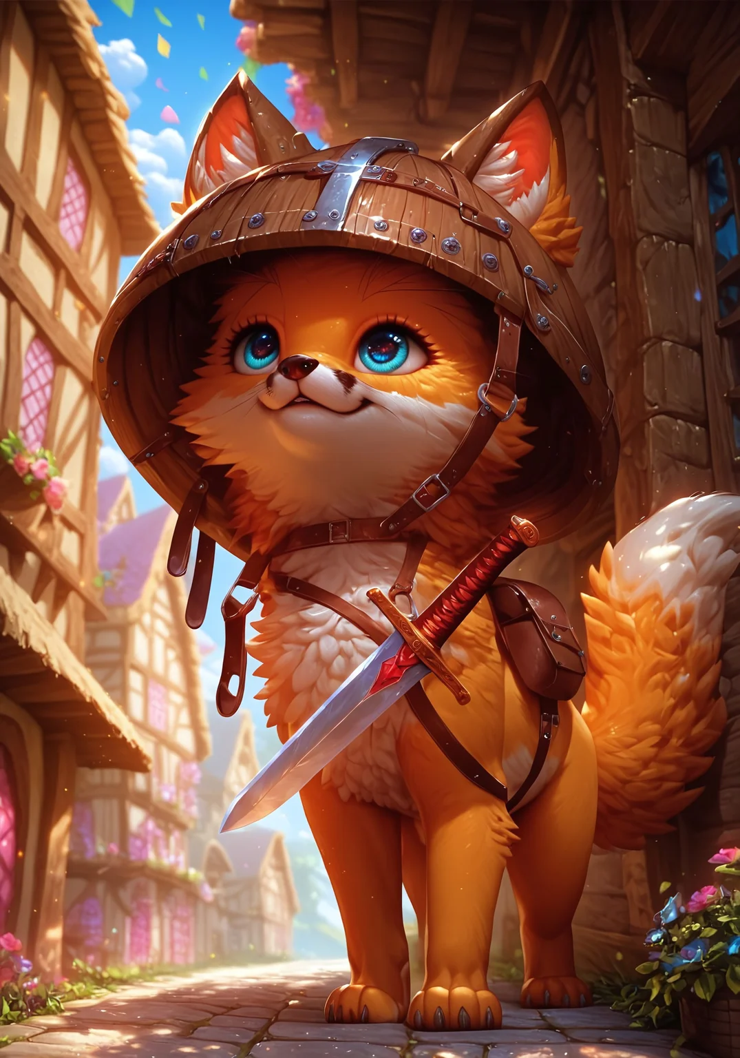 score_9, score_8_up, score_7_up, score_6_up, score_5_up, score_4_up, Expressiveh, g0th1c, zPDXL3, colorful, detailed, high quality, ((((fox puppy)))), red fox, puppy, brave, brave eyes, proud posture, sword sheathed on chest, ((brown strap going across chest)), brown straps, ((((sword strapped to harness)))), brown belt, brown bag, ((large sword)), ((oversized helmet on head)), steel helmet, medieval village in background, medieval, cute, colorful, bright colors, paws, full fox visible, cartoony, detailed background, village in background, magical village, mage tower, outside, standing on road, ready to fight, friendly colors, bright colors, sunlight, fairy tale, close-up, from below, looking up, curious eyes, flowers on helmet, very short eyelashes, blue eyes, strap across chest, harness across chest, (((harness)))), sword in harness, (((brown legs))), (((scrolls on the ground)))