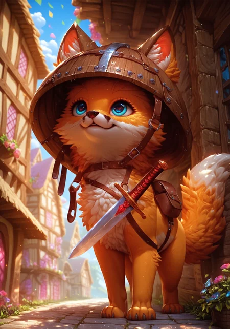 score_9, score_8_up, score_7_up, score_6_up, score_5_up, score_4_up, Expressiveh, g0th1c, zPDXL3, colorful, detailed, high quality, ((((fox puppy)))), red fox, puppy, brave, brave eyes, proud posture, sword sheathed on chest, ((brown strap going across chest)), brown straps, ((((sword strapped to harness)))), brown belt, brown bag, ((large sword)), ((oversized helmet on head)), steel helmet, medieval village in background, medieval, cute, colorful, bright colors, paws, full fox visible, cartoony, detailed background, village in background, magical village, mage tower, outside, standing on road, ready to fight, friendly colors, bright colors, sunlight, fairy tale, close-up, from below, looking up, curious eyes, flowers on helmet, very short eyelashes, blue eyes, strap across chest, harness across chest, (((harness)))), sword in harness, (((brown legs))), (((scrolls on the ground)))