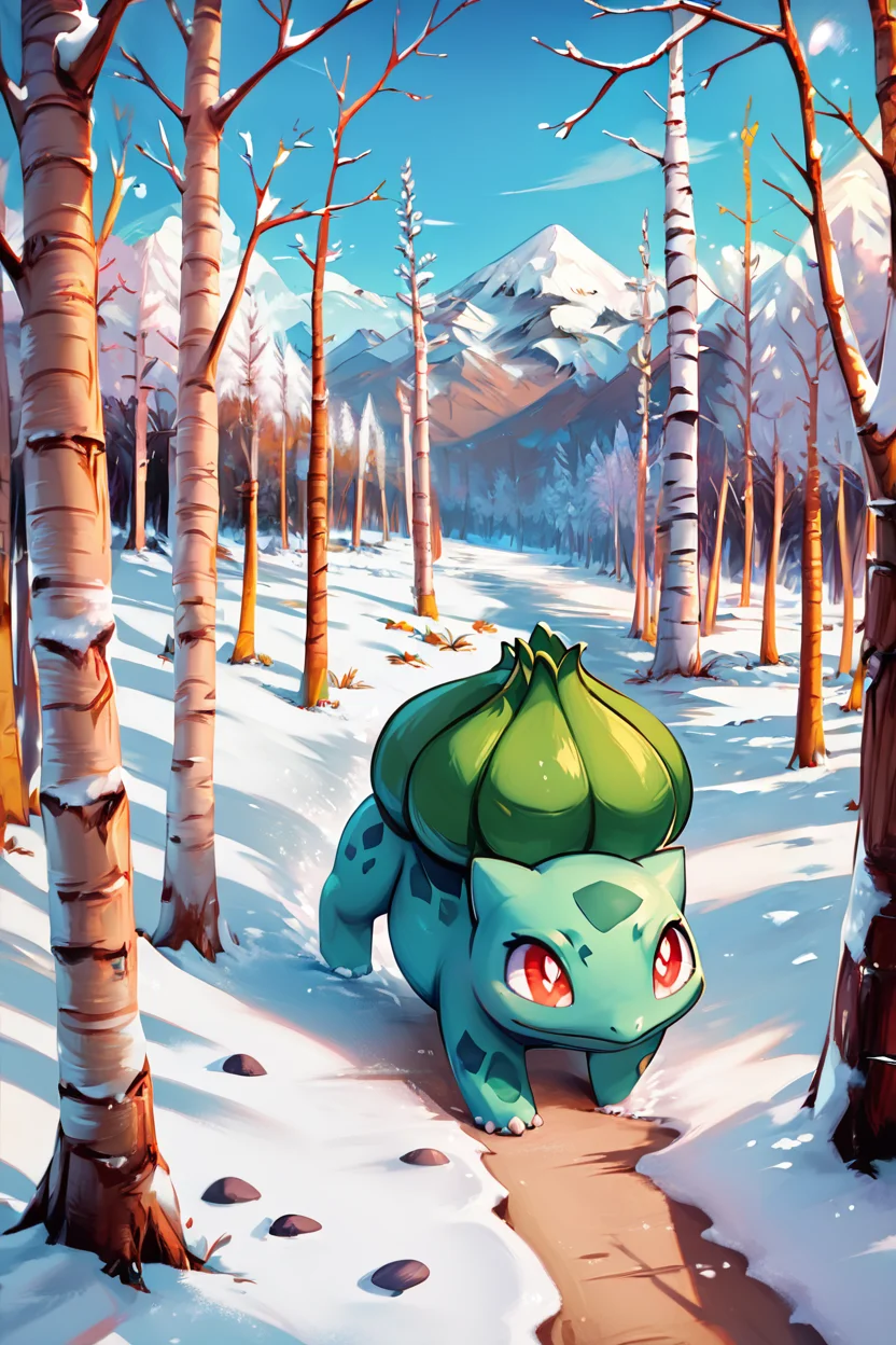 score_9, score_8_up, score_8, ,,, zzBulbasaur, red eyes, closed mouth, standing, full body, outdoors, day, tree, bright pupils, snow, white pupils, bare tree, footprints, <lora:BulbasaurPokedexPDXL:1.0>, ,,, embedding:zPDXL, Expressiveh, <lora:CatalystStylePDXL:0.6>, <lora:SDXLFaeTastic2400:0.5>, <lora:Expressive_H-000001:0.4>,