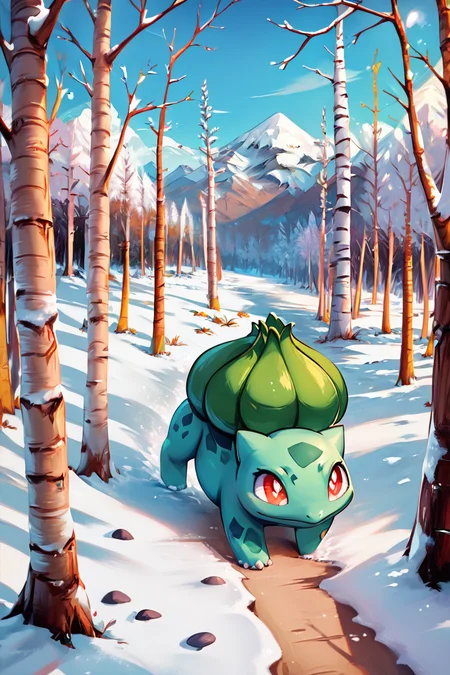 score_9, score_8_up, score_8, ,,, zzBulbasaur, red eyes, closed mouth, standing, full body, outdoors, day, tree, bright pupils, snow, white pupils, bare tree, footprints, <lora:BulbasaurPokedexPDXL:1.0>, ,,, embedding:zPDXL, Expressiveh, <lora:CatalystStylePDXL:0.6>, <lora:SDXLFaeTastic2400:0.5>, <lora:Expressive_H-000001:0.4>,