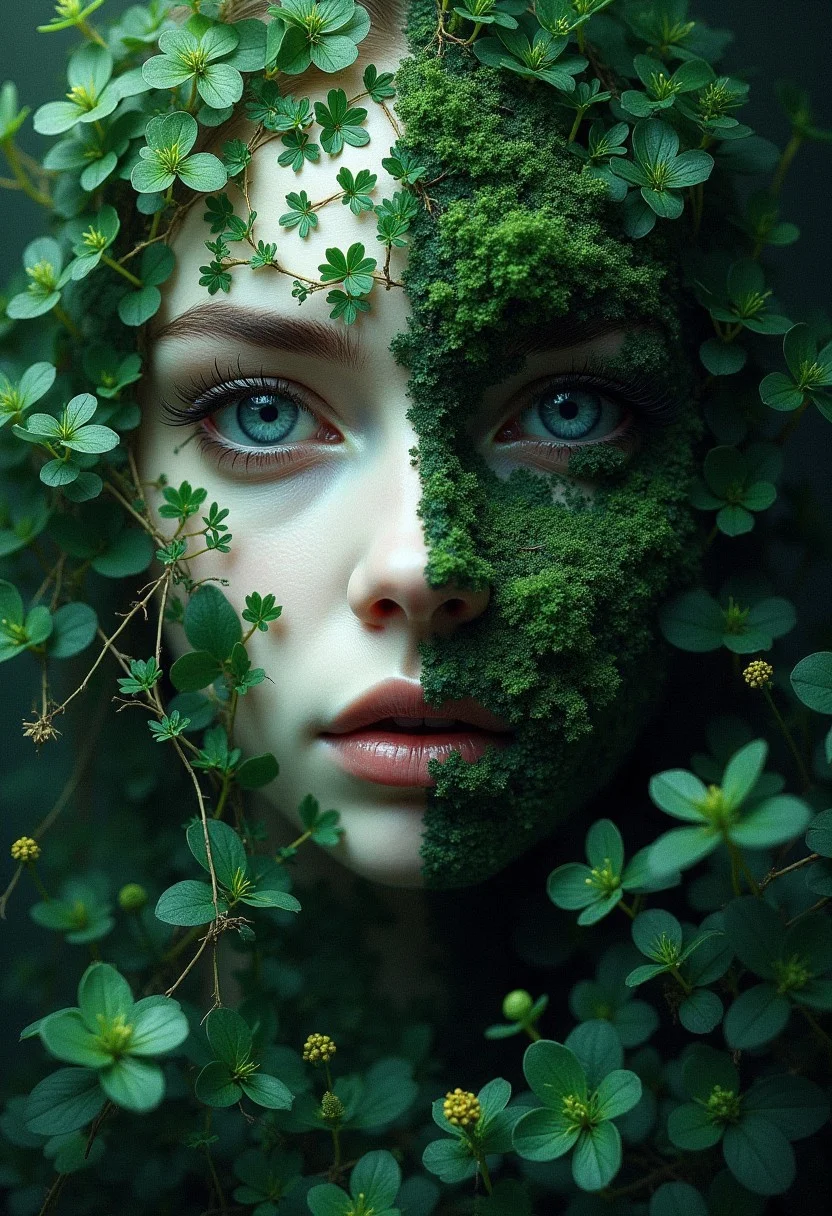 Highly detailed, left hand side white/right hand side dark green highly cinematic, close-up image of a goddess of nature over the world, perfect composition, dark colours, green leaves, forest, lots of details, flowers, metallic ink, beautifully lit, a fine art painting by drew struzan and karol bak, gothic art, dark and mysterious, ilya kuvshinov, russ mills
