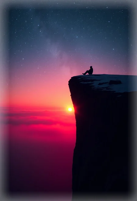 white vignette effect, stars, a silhouetted person far away sitting on edge of huge cliff, 
 perfectly aligned milkyway over horizon, michal shainblum photography. realism, 
reddish,pink blue aesthetic hues, the sun hiding behind the fog, snow landscape in the distance,  sun glow effect, sun halos, dark contrast, dawn, daek light blue gradient filter, a nat geo moment, pine trees fading far away, realism. mist, fog, dark rich contrasts, moody and gloomy, melancholic atmosphere.