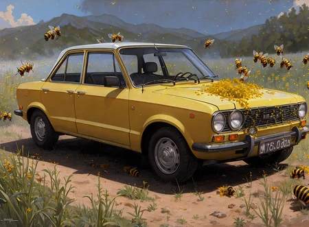 realistic photo of a lada, on (in the hell:1.2), (bees:1.2), by Jeremy Lipking, by William Bouguereau, (by Alphonse Mucha:0.5), sabudenego, jeremy lipking, masterpiece