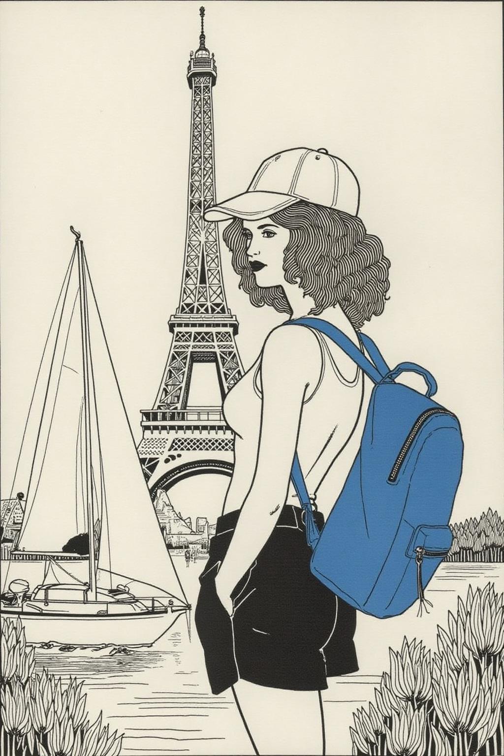 aubea1 illustration. a woman in a white tank top and black shorts. She is wearing a white baseball cap. She has a blue backpack on her back. Behind her is the Eiffel tower. To the left of the woman is a white sailboat. Behind the sailboat is a pyramid <lora:aubea2_cap_d6a3:1.0><lora:823907592469361303:0>