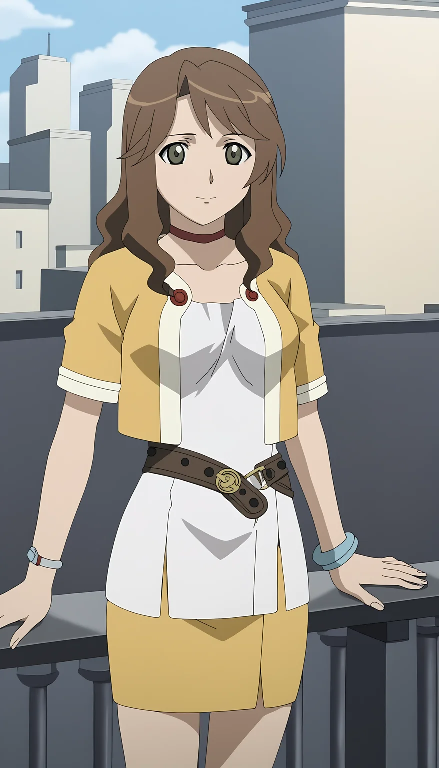 score_9, source_anime BREAK, oldest, anime screencap, outdoors, day, city, <lora:MirandaMaverick(Pony)-10:1>MirandaMaverick, 1girl, solo, long hair, brown hair, choker, red choker, bracelet, grey bracelet, wristband, jacket, open jacket, multicolored jacket, short dress, white dress, short sleeves, belt, belt buckle, buttons, red buttons, pencil skirt, yellow skirt,