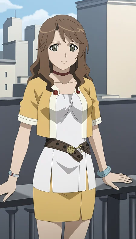score_9, source_anime BREAK, oldest, anime screencap, outdoors, day, city, <lora:MirandaMaverick(Pony)-10:1>MirandaMaverick, 1girl, solo, long hair, brown hair, choker, red choker, bracelet, grey bracelet, wristband, jacket, open jacket, multicolored jacket, short dress, white dress, short sleeves, belt, belt buckle, buttons, red buttons, pencil skirt, yellow skirt,