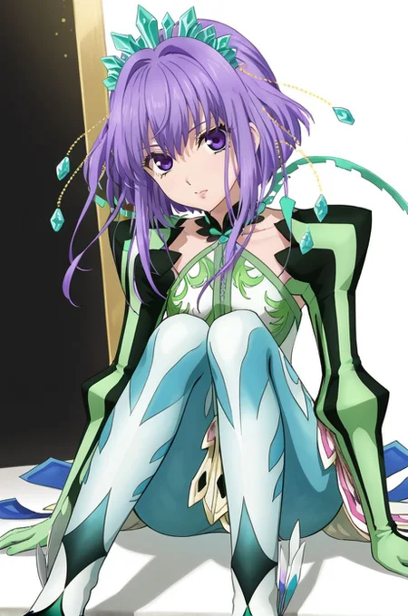 <lora:add-detail-xl:1>source anime, detailed, official art, masterpiece,
<lora:HandFineTuning_XL:1>
BREAK,
white background,
sitting, emotionless, dynamic angle, (from side:0.4),
BREAK,
<lora:littlequeen_pdxl_v01:0.8>littlequeen, purple hair, purple eyes, sidelocks, short hair, green dress, hair ornament, puffy sleeves, clothing cutout, tight pants, white tight pants, white footwear, chain,