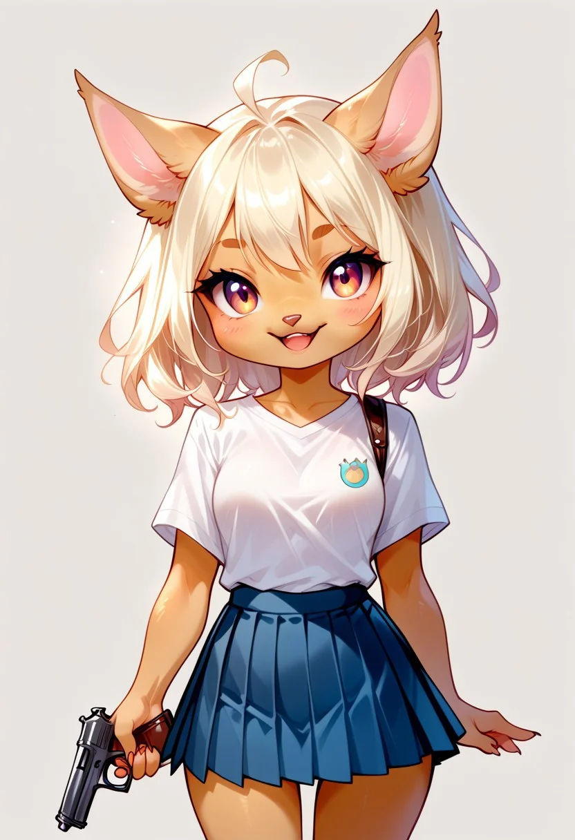 score_9, score_8_up, score_7_up, source_cartoon, solo, cute chibi necoarc, female, white shirt, pleated skirt, handgun, anthropomorphic, (cartoon art style:1.2)