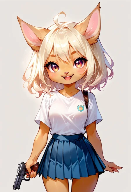 score_9, score_8_up, score_7_up, source_cartoon, solo, cute chibi necoarc, female, white shirt, pleated skirt, handgun, anthropomorphic, (cartoon art style:1.2)