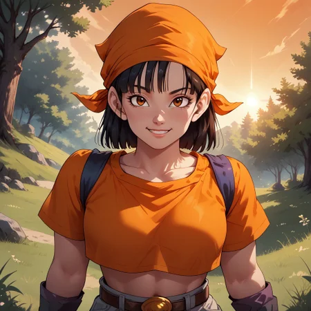 score_9, score_8, BREAK, solo, 1girl, (pan from dragon ball GT), high quality best quality, (high detail), adorable face, orange bandana, short sleeves red crop top, grey jeans, grey fingerless gloves, stomach exposed, navel, adult woman, mature woman, breasts, sexy pose, self portrait, smile, outdoors, sunlight, shadows, evening lighting, natural lighting, forest, trees, grass, orange sky, sunset