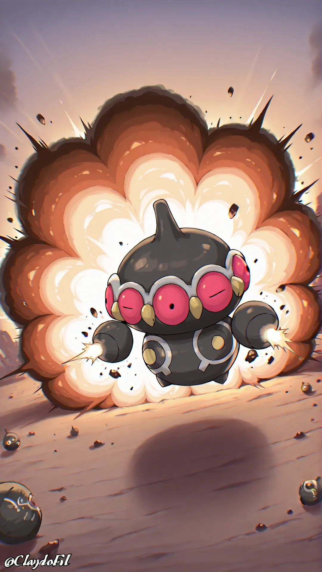claydol,pokemon \(creature\),1other,red eyes,<lora:Claydol_-_Pokemon_r1:1>,bomb,explosion,explosive,outdoors,exploding in a fit of anger or indignation,
