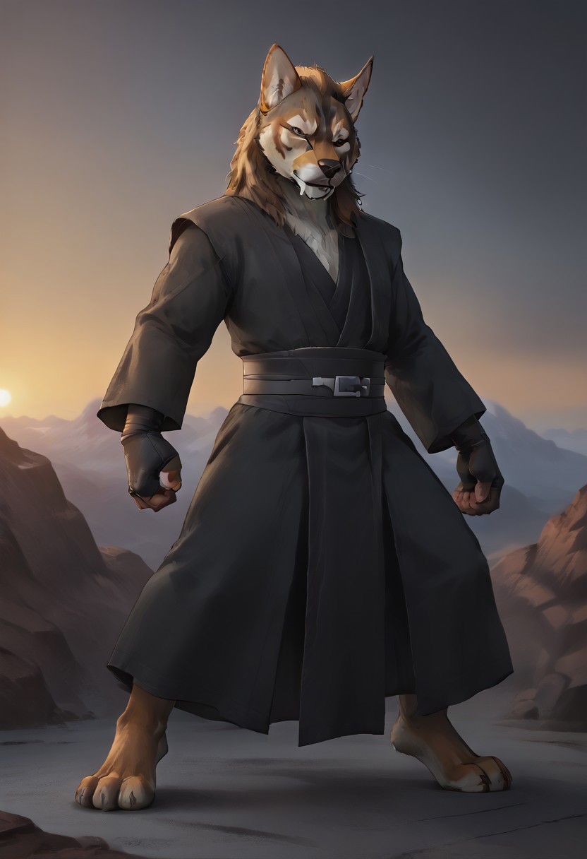 (((Barefoot furry character, full body, cinematic setting, furry male, plantigrade))) 
Brawny (((Alin))) wearing sith outfit, black robe, sith robe, wielding red lightsaber, fingerless gloves, (((nice detailed feet paws))), fight stance, dynamic pose, dynamic angles, action, tension, ((mountain setting, rocks setting))
BREAK, masterpiece, ((detailed background)), ((dynamic background)), 8K, (masterpiece:1.5), intricate details, highly detailed, extreme detail, octane render, unreal engine, ((anime art)), best quality, highres, (detailed face:1.5), ((full_body)), UHD, (((perfect hands))), low light
