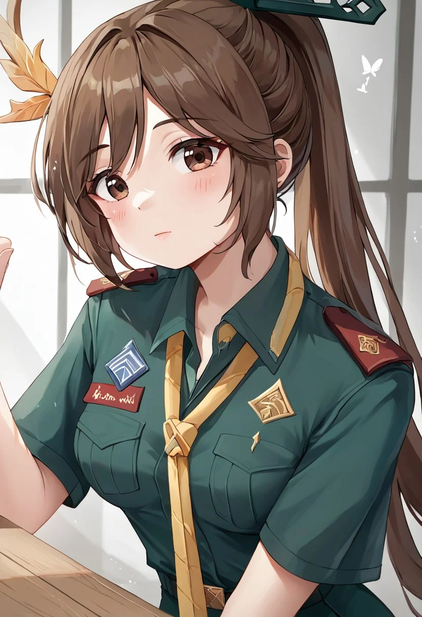 score_9, score_8_up, score_7_up, butterfly_phoenix,1girl, long_hair, very_long_hair, breasts,high ponytail, medium_breasts, brown_hair, hair ornament, thai_girlscout_uniform, green girl scout hat, necktie